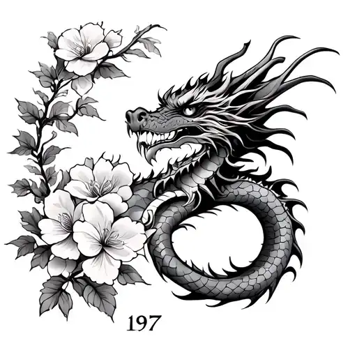 A Dragon Tattoo With 1977 As Well As 1959 In Roman Figures With Sakura Flowers