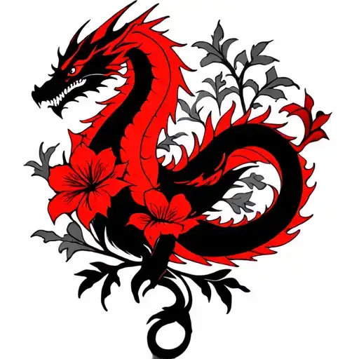 Black Outline Drago With Red Outline Flowers Behind