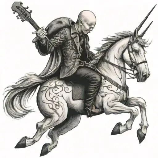 A Surreal Tattoo Of Billy Corgan Riding A Unicorn While Playing A Guitar