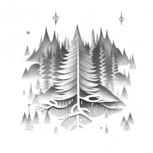A Blackwork Tattoo Of A Forest With Hidden Mechanical Farm Elements Scattered Throughout The Design