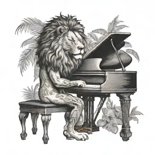 A Lion Playing A Grand Piano In A Jungle Setting