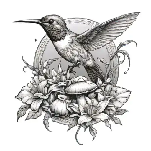 Humming Bird Flowers And Mushrooms
