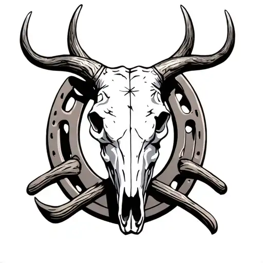 A Bull Skull With Its Antlers Intertwined In A Horse Shoe