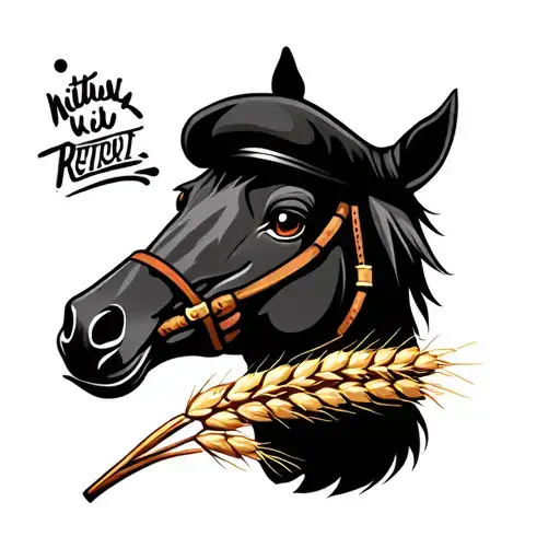A Cartoon And Caricature Horse Head With A Beret And An Ear Of Wheat In The Mouth