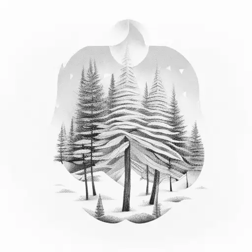 A Black-grey Tattoo Of A Forest Landscape With A Hidden Geometric Pattern