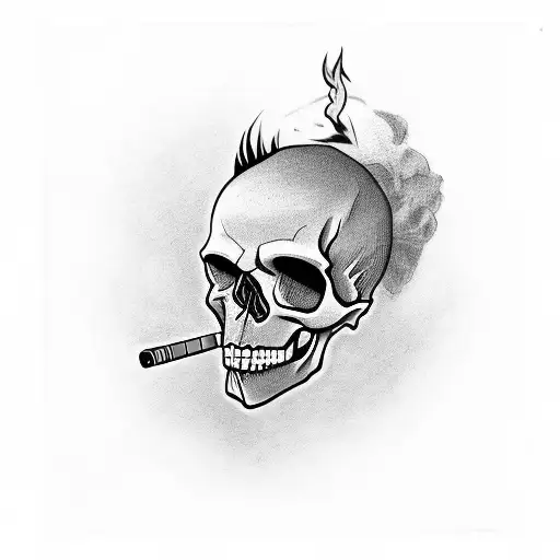 Skull With Man Bun Smoking A Cigarette