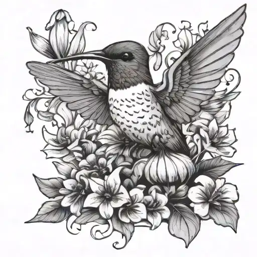 Humming Bird With Flowers And Mushrooms Growing