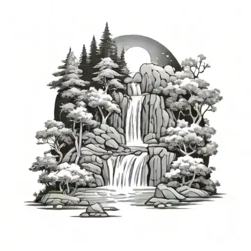 A Magical Waterfall Flowing Through A Forest With Hidden Astrology Signs
