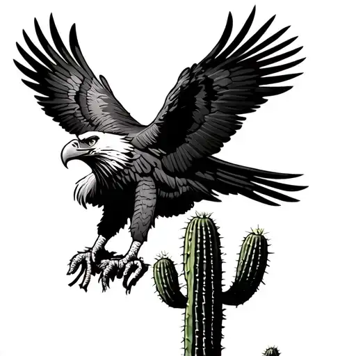 Mexican Eagle On Top Of Cactus With Prickly Pear