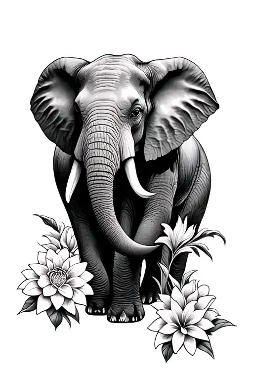 Elephant Surrounded By Dahlias And Lilies