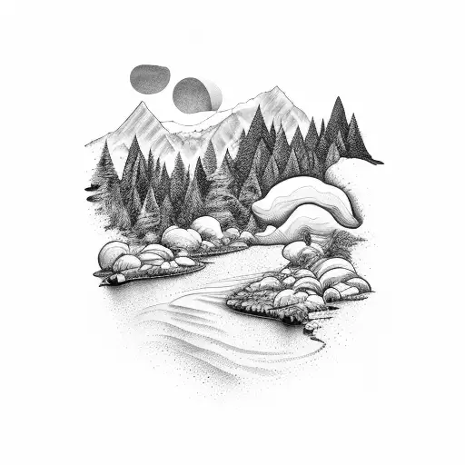 Sky Mountain And Forrest With Stream