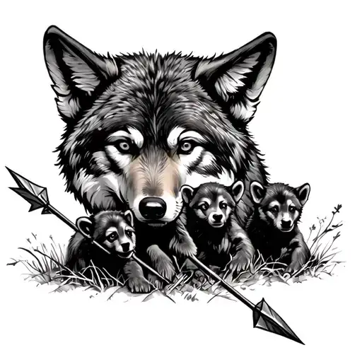 Lone Wolf Protecting 3 Cubs From Arrows