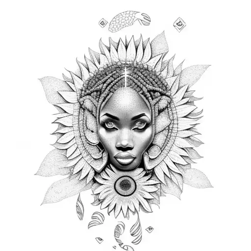 African Goddess Emerging From The Water With Sunflowers Floating Around Her