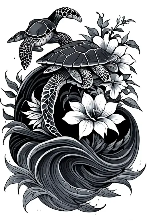 Tribal Waves With Turtle And Flowers