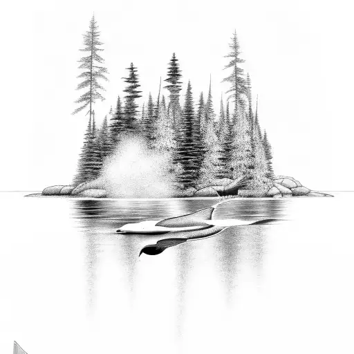 Water Scene With Island That Has Pine Trees And A Loon In The Water