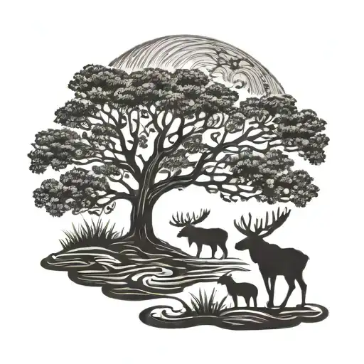 A Tree Of Life With A Moose And A Man And Kid Silhouette Fishing