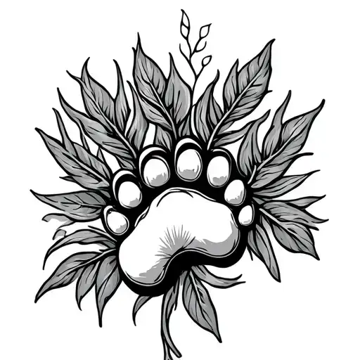 Dog Paw With Thin Outline Of Plant Ornament