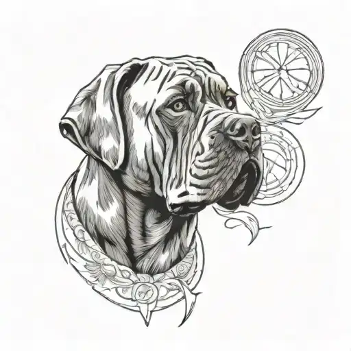 Incorporate Symbols Of Money And Basketball Into A Blackwork Tattoo Featuring A Cane Corso