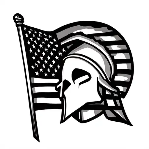 Spartan Helmet With American Flag Waving Inside Outline