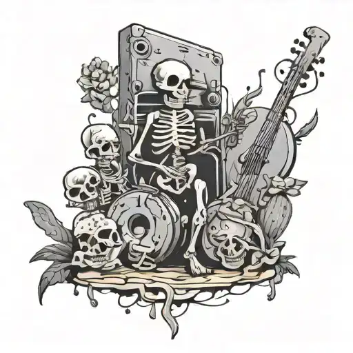 A Graffiti Wall With Music Notes And Skeletons Dancing Around A Cactus Garden