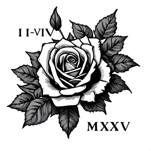 A Black And White Tattoo Of The Date Iii-viii-mmxxv Woth Roses Around It
