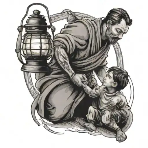 Father Guiding Son By Lantern