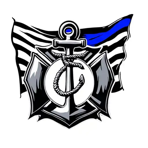 Navy Anchor In The Outline Of A Firefighter Emblem With The Thin Blue Line Flag Behind It