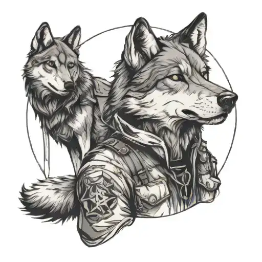 A Warehouse Keeper With A Wolf Companion In A Black-grey Style