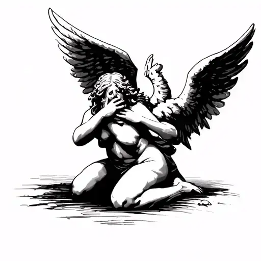 A Kneeling And Crying Guardian Angel Falling