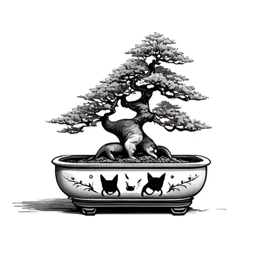 Bonsai Tree In Planter With Cat Designs On It
