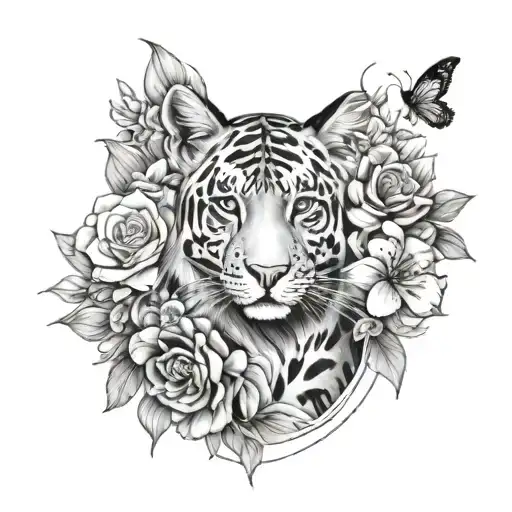 A Realistic Portrait Of A Favorite Animal Surrounded By Blooming Flowers