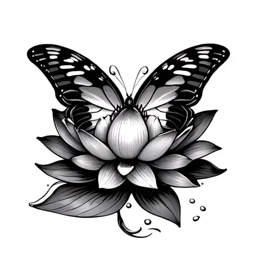Black Butterfly Sitting On A Lotus Flower With Water Drops On It
