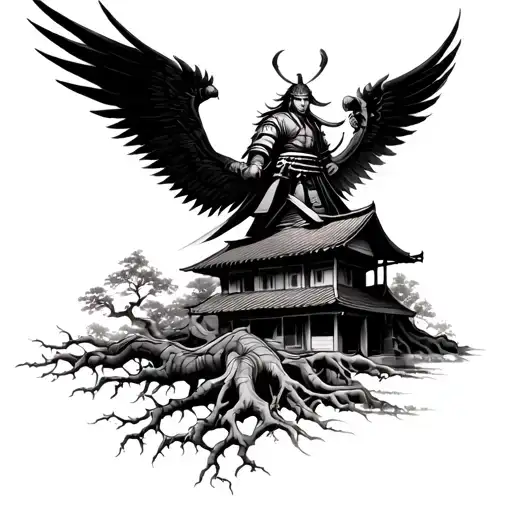 Japanese Samurai With Wings With Tree Roots Leading Up To A House