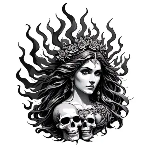 Persephone Greek Godess With Skulls And Flames Evil Looking