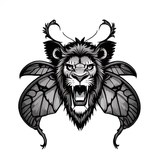 Moth With Lion Roaring Face On The Back Of The Moth Medium Piece Traditional Tattoo For Left Chest
