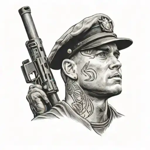 A Black And Grey Portrait Of A Marine Corps Member Wearing A Yankees Cap