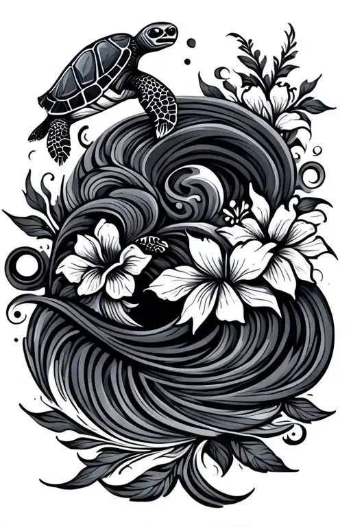 Tribal Waves With Turtle And Flowers