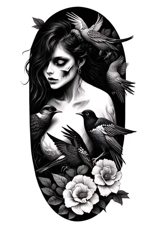 Female Zombie Sleeve Tattoo Featuring 5 Birds And Flowers