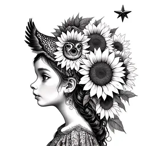 Daughter With Head Dress With An Owl And Sunflowers With A Star