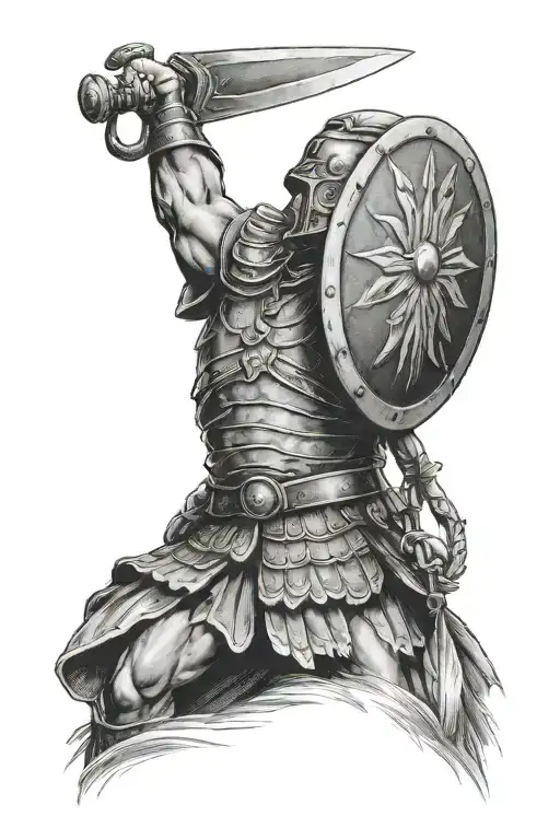 Roman Soldier Holding Sword And Shield While Looking Down