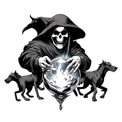 Grim Reaper Controlling Hell Hounds And Holding A Crystal Ball
