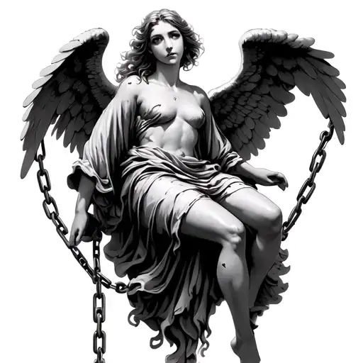 A Female Angel With Tattered Robes Climbing A Chain Up To Heaven