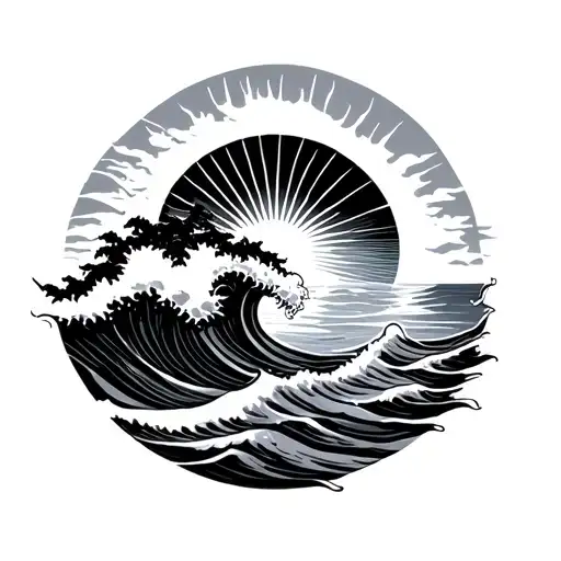 Sun Rising Behind The Ocean Waves