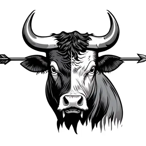 Bull With Half Face And Arrow Going Vertically Down The Middle Of Bulls Face