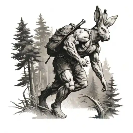 Create A Tattoo Of A Muscular Figure Trekking Through A Forest With A Hidden Rabbit Motif