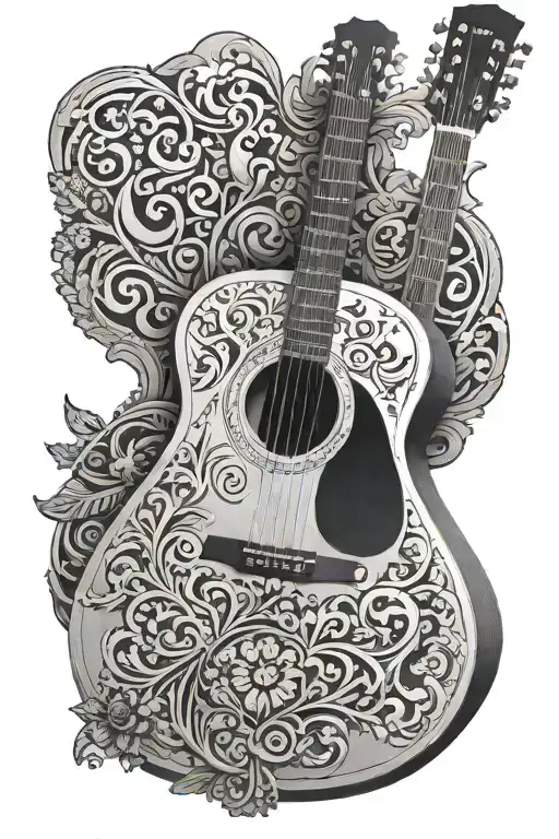 A Realistic 3D Rendering Of An Acoustic Guitar With Intricate Details And Shading