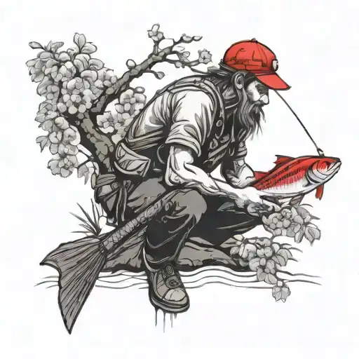 A Fisherman With A Red Cap Is Fishing Under A Cherry Tree