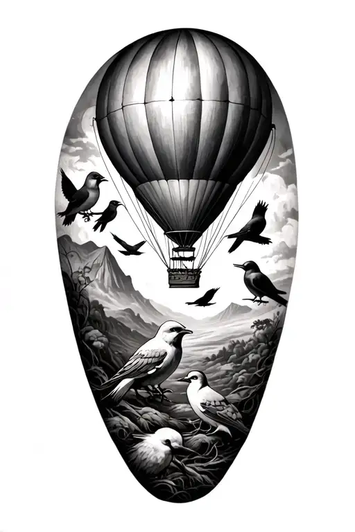 Pretty Zombie Sleeve Tattoo Featuring 5 Birds And A Hot Air Balloon