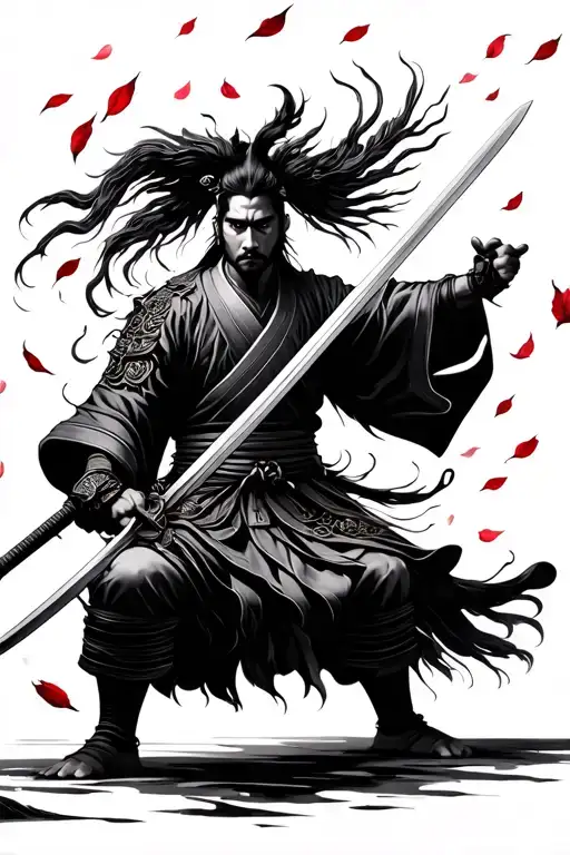 Samurai With A Sword With Falling Petals Floating
