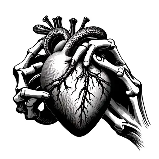 Skeleton Hand Holding Human Heart With Snake Wrapped